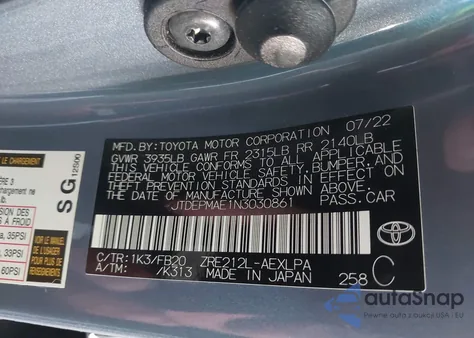 2022 Toyota Corolla Le from USA, damaged, VIN JTDEPMAE1N3030861